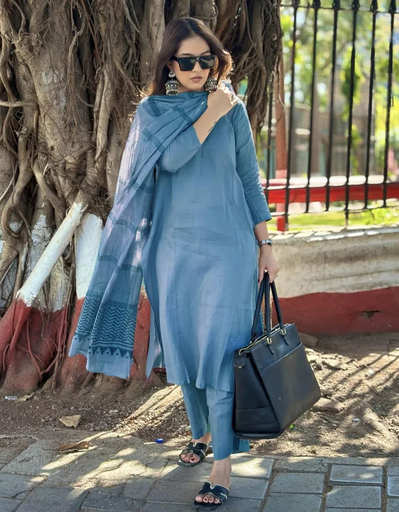 GoSriKi Light Blue GoSriKi Women's Rayon Blend Straight Solid Kurta with Pant & Dupatta (Raja Saab Light Blue-VKS01-GS_L_Light Blue_Large) for Women | Best Price UAE